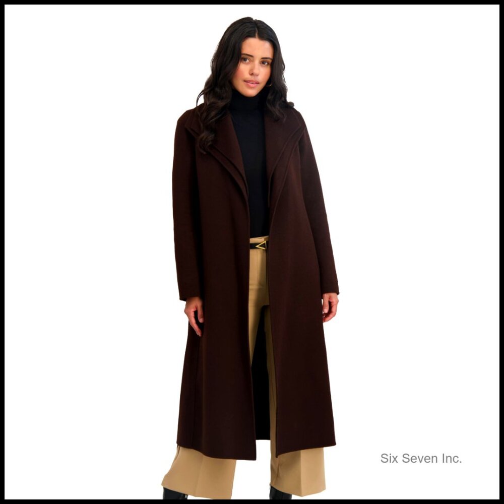 Wool Blend Slim Fit Wrap Coat with Tie Belt Longline Silhouette